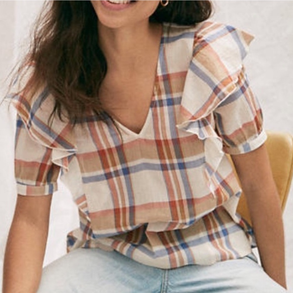 Madewell • V- Neck Shoulder Ruffle Shady Plaid Rusty Tin Lightweight Top